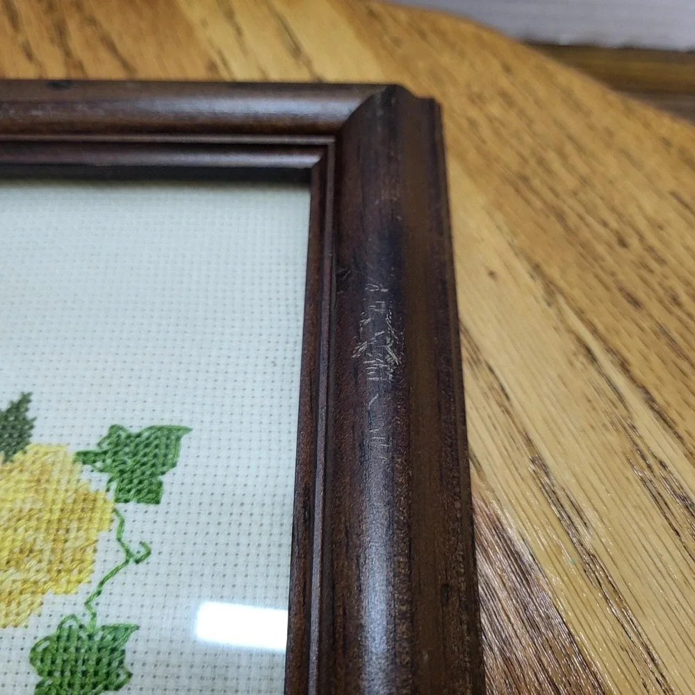 VTG Wood Framed Cross Stitch Needlepoint Friend Walking Garden Picture Roses